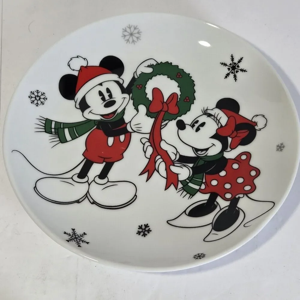 Disney Mickey Christmas Plates Set of 3 Snowman Wreath Sled Ceramic ~8